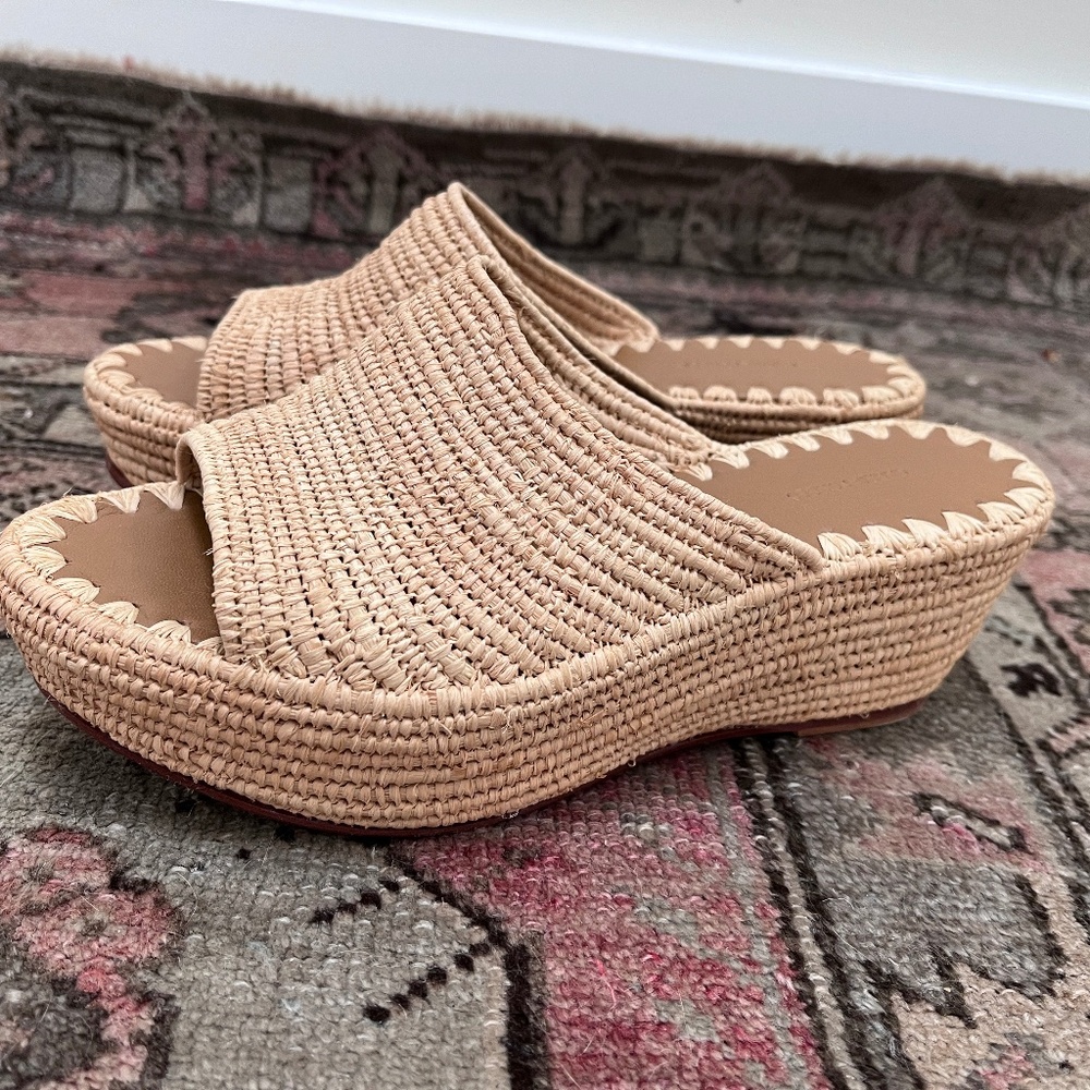 Carrie Forbes Woven Raffia Wedge Slide Sandals 8.5